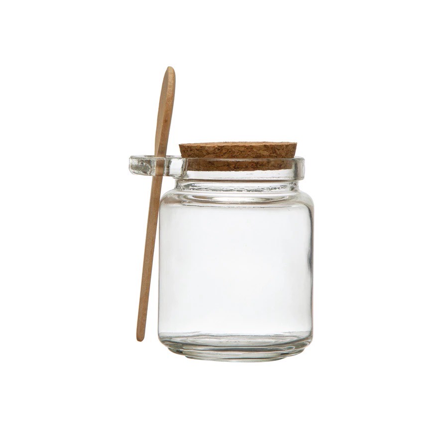 GLASS JAR WITH CORK LID & WOOD SPOON