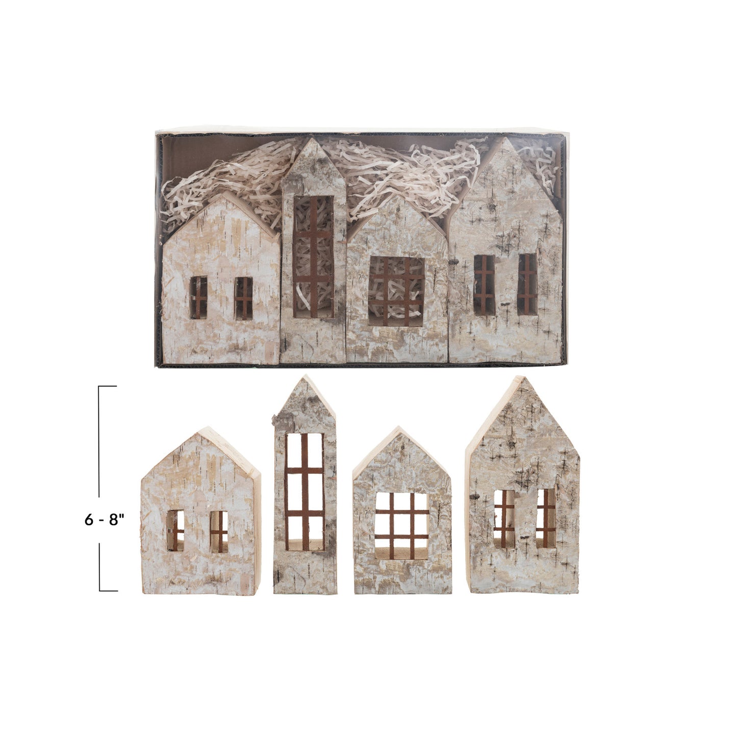 Beautiful Birch Bark Houses w/ Windows, Natural, Boxed Set of 4