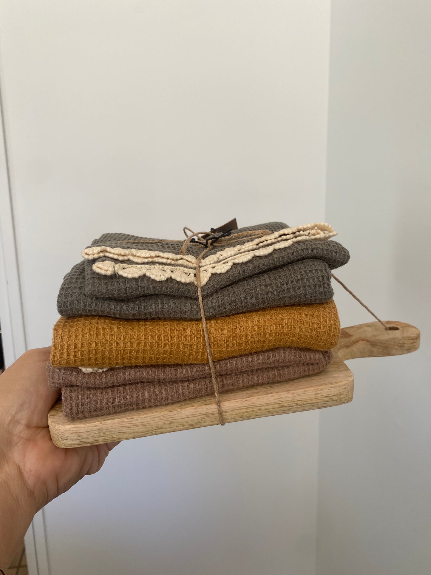 Cotton Waffle Weave Tea Towels w/ Cheese Cutting Board, Set of 4