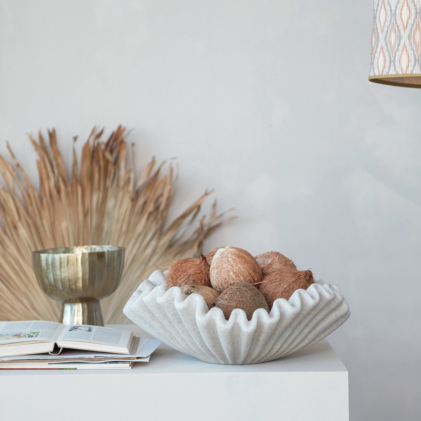 Decorative Resin Ruffled Bowl, Stone Finish, Cream Color