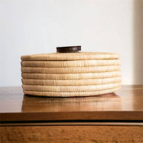 Classic Cylinder Storage Woven Basket With Lid: Sunga Lidded Tray Baskets - Natural: Large: D:12" x H: 6"