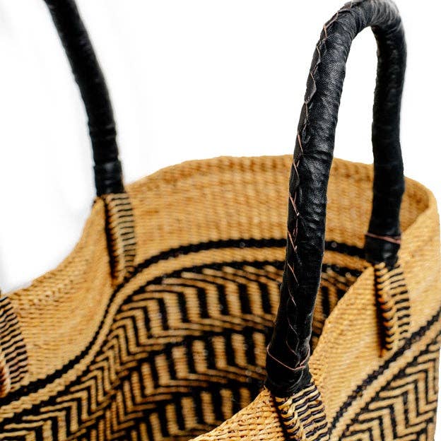 Vea Heavy Duty African Basket - Ghana Bolga - Shopping Natur: Leather Handles / Large W: 13" x 10" Tall