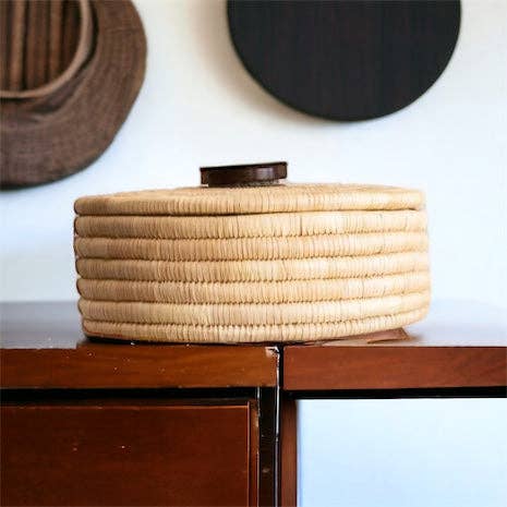 Classic Cylinder Storage Woven Basket With Lid: Sunga Lidded Tray Baskets - Natural: Large: D:12" x H: 6"