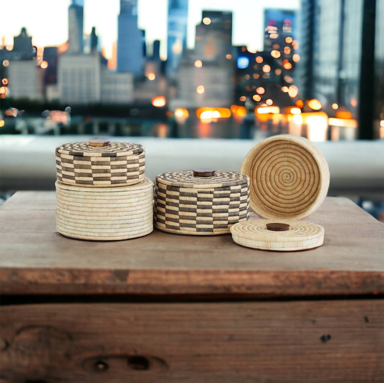Classic Cylinder Storage Woven Basket With Lid: Sunga Lidded Tray Baskets - Brown: Large: D:12" x H: 6"