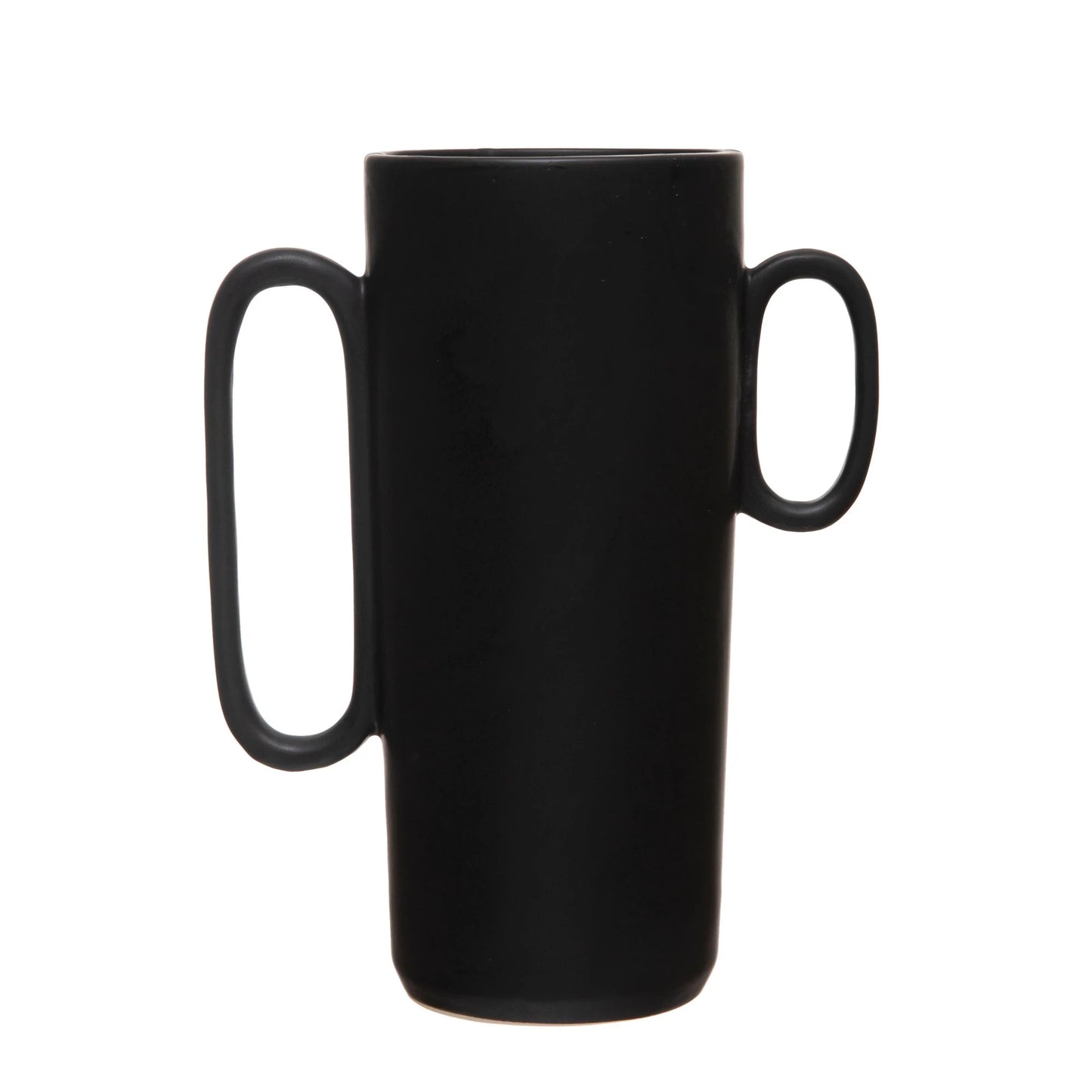 BLACK STONEWARE VASE with ASYMMETRICAL HANDLES. MATTE BLACK