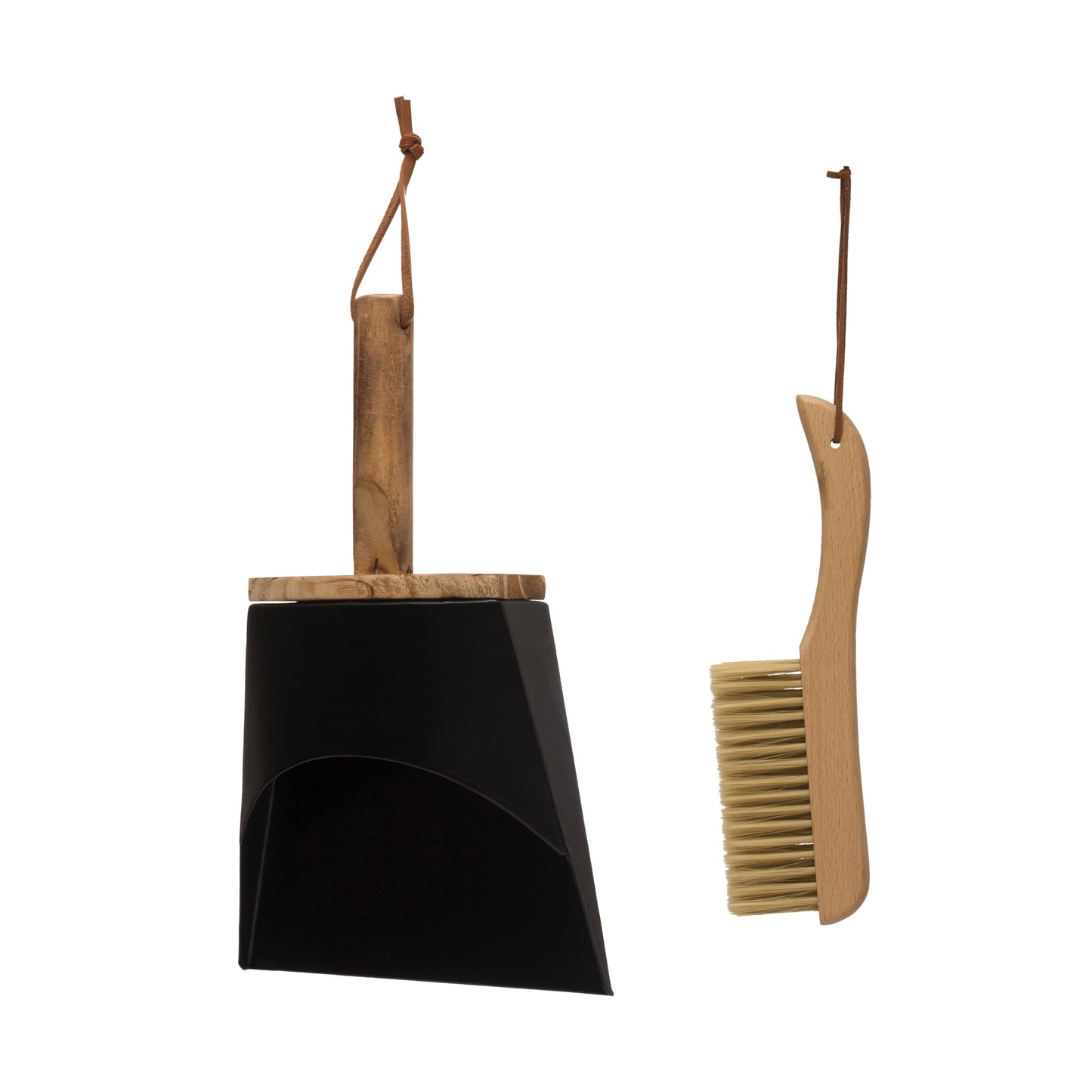 BEACH WOOD BRUSH AND METAL DUST PAN. SET OF 2