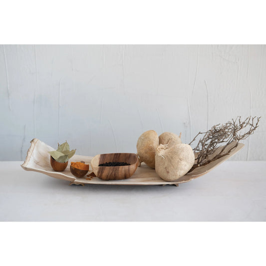 DRIED NATURAL PALM LEAF & COCONUT HUSK TRAY W/WOOD FEET