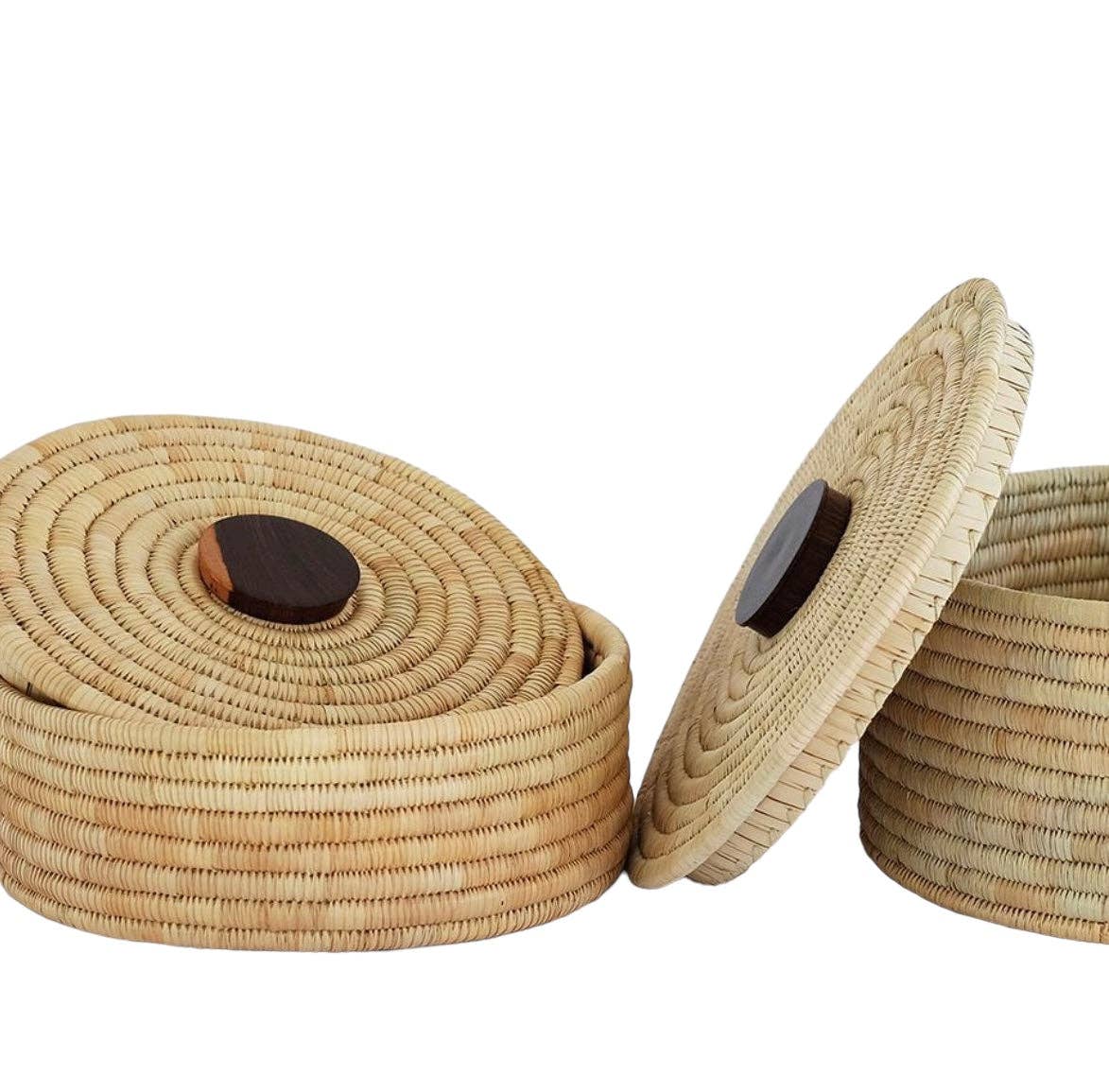 Classic Cylinder Storage Woven Basket With Lid: Sunga Lidded Tray Baskets - Natural: Large: D:12" x H: 6"