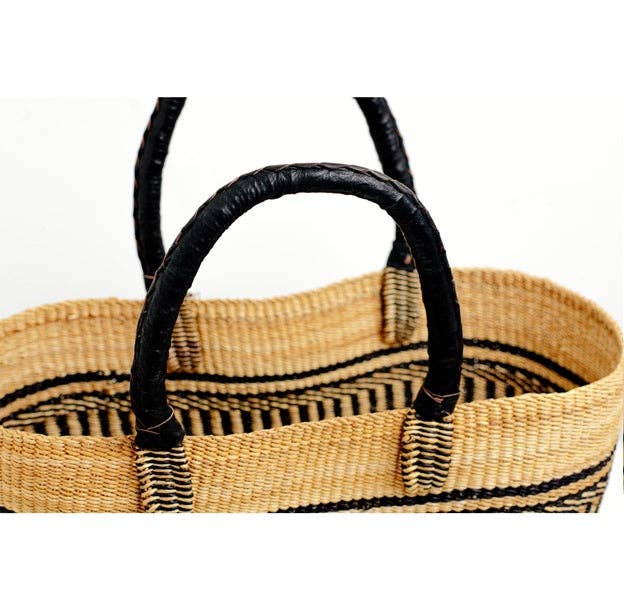 Vea Heavy Duty African Basket - Ghana Bolga - Shopping Natur: Leather Handles / Large W: 13" x 10" Tall