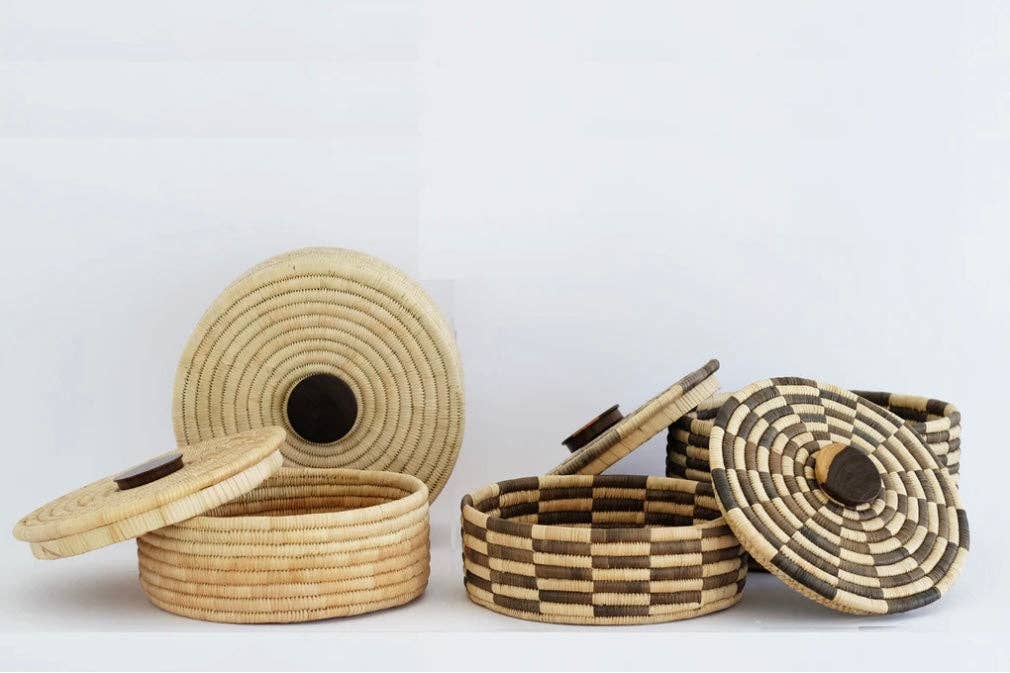 Classic Cylinder Storage Woven Basket With Lid: Sunga Lidded Tray Baskets - Natural: Large: D:12" x H: 6"