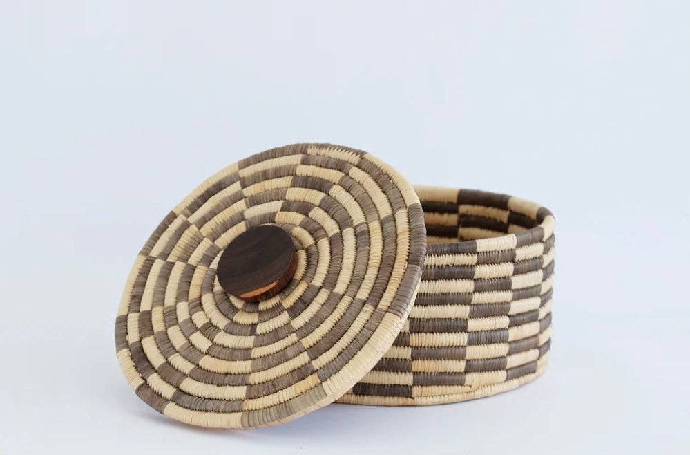 Classic Cylinder Storage Woven Basket With Lid: Sunga Lidded Tray Baskets - Brown: Large: D:12" x H: 6"