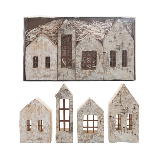 Beautiful Birch Bark Houses w/ Windows, Natural, Boxed Set of 4