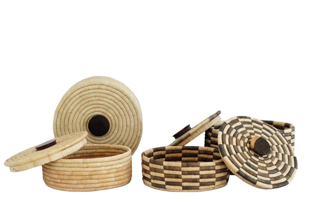 Classic Cylinder Storage Woven Basket With Lid: Sunga Lidded Tray Baskets - Natural: Large: D:12" x H: 6"