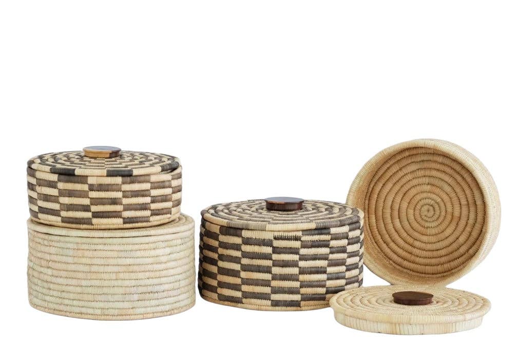 Classic Cylinder Storage Woven Basket With Lid: Sunga Lidded Tray Baskets - Natural: Large: D:12" x H: 6"