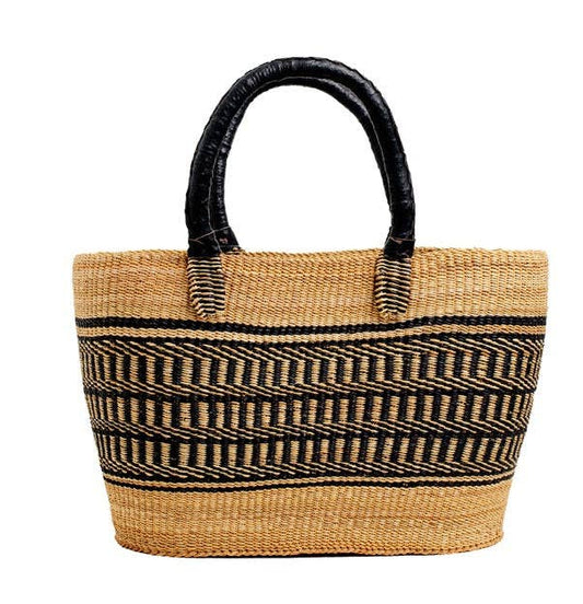 Vea Heavy Duty African Basket - Ghana Bolga - Shopping Natur: Leather Handles / Large W: 13" x 10" Tall