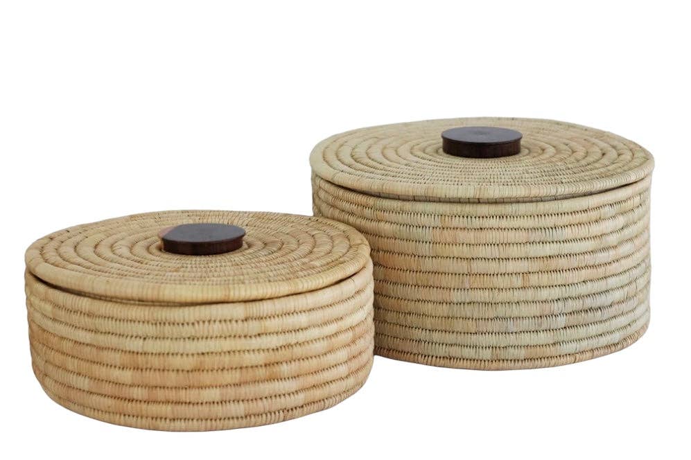 Classic Cylinder Storage Woven Basket With Lid: Sunga Lidded Tray Baskets - Natural: Large: D:12" x H: 6"