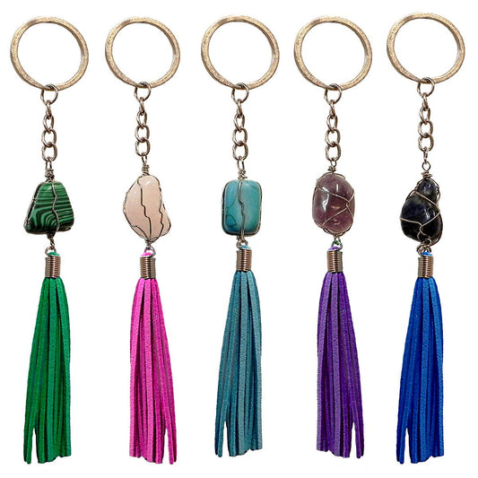 Wire Wrapped Stone Suede Tassel Fringe Dangle Keychain
