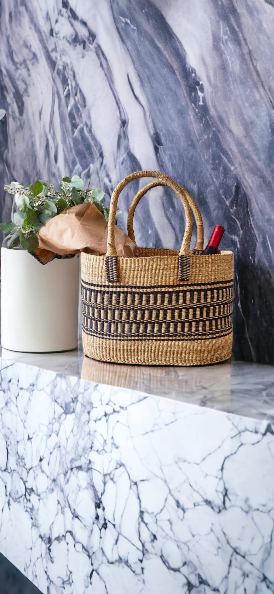 Vea Heavy Duty African Basket - Ghana Bolga - Shopping Natur: Leather Handles / Large W: 13" x 10" Tall