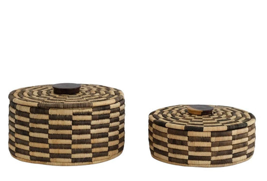 Classic Cylinder Storage Woven Basket With Lid: Sunga Lidded Tray Baskets - Brown: Large: D:12" x H: 6"