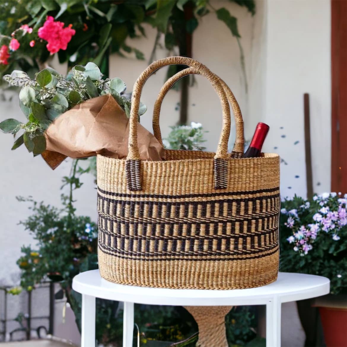 Vea Heavy Duty African Basket - Ghana Bolga - Shopping Natur: Leather Handles / Large W: 13" x 10" Tall