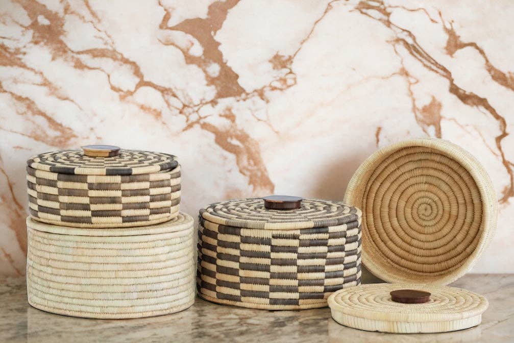 Classic Cylinder Storage Woven Basket With Lid: Sunga Lidded Tray Baskets - Brown: Large: D:12" x H: 6"