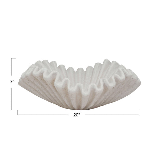Decorative Resin Ruffled Bowl, Stone Finish, Cream Color