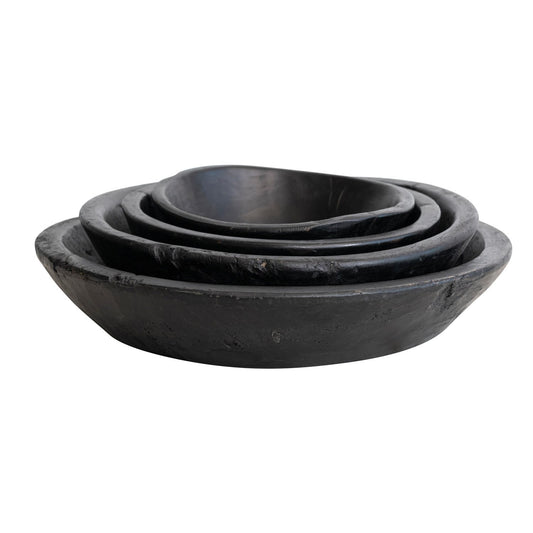 Round Decorative Reclaimed Wood Vintage Reproduction Bowls, Black, Set of 4