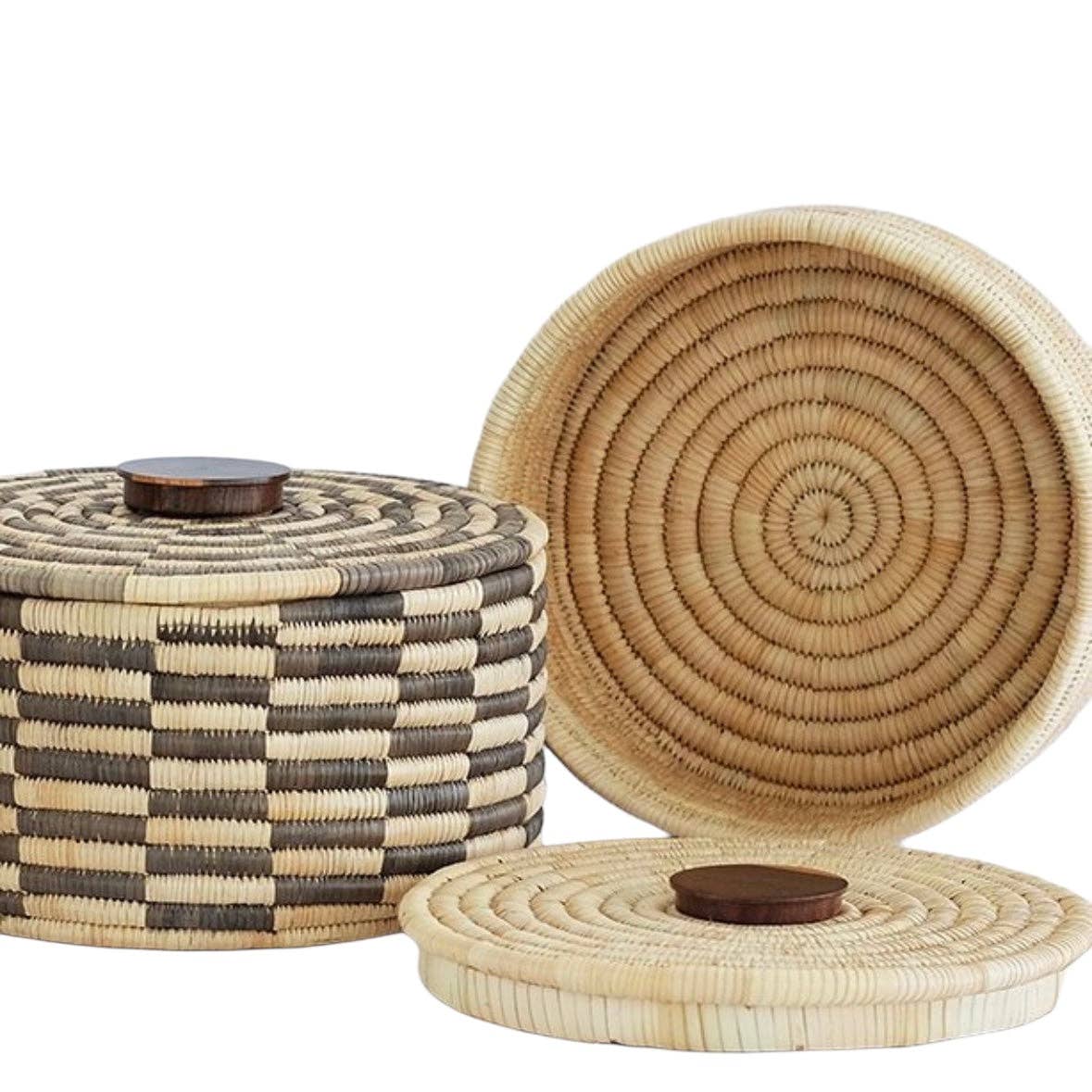 Classic Cylinder Storage Woven Basket With Lid: Sunga Lidded Tray Baskets - Brown: Large: D:12" x H: 6"