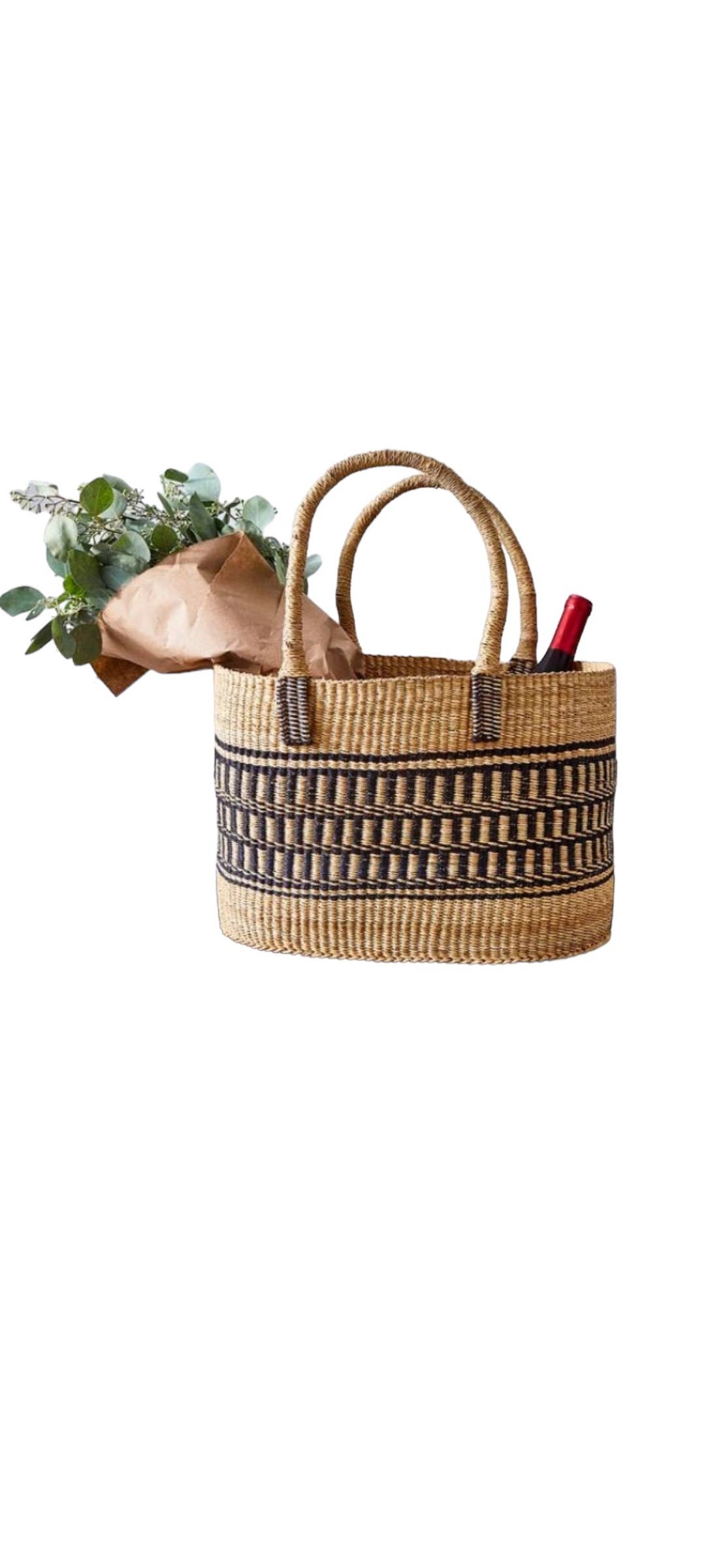 Vea Heavy Duty African Basket - Ghana Bolga - Shopping Natur: Leather Handles / Large W: 13" x 10" Tall