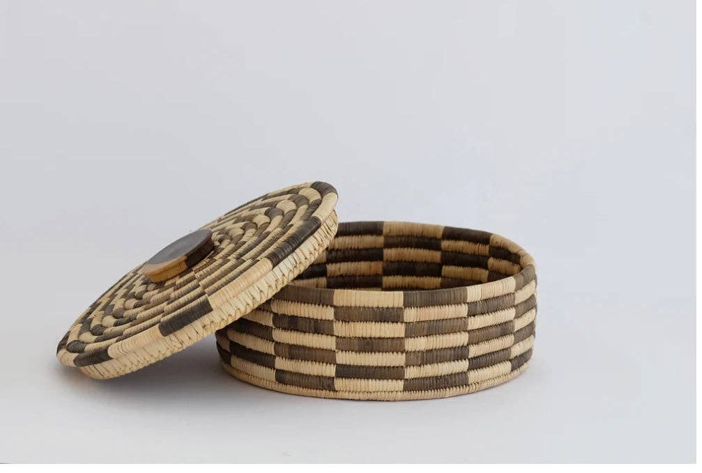 Classic Cylinder Storage Woven Basket With Lid: Sunga Lidded Tray Baskets - Brown: Large: D:12" x H: 6"
