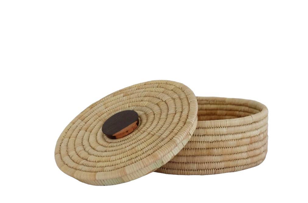 Classic Cylinder Storage Woven Basket With Lid: Sunga Lidded Tray Baskets - Natural: Large: D:12" x H: 6"
