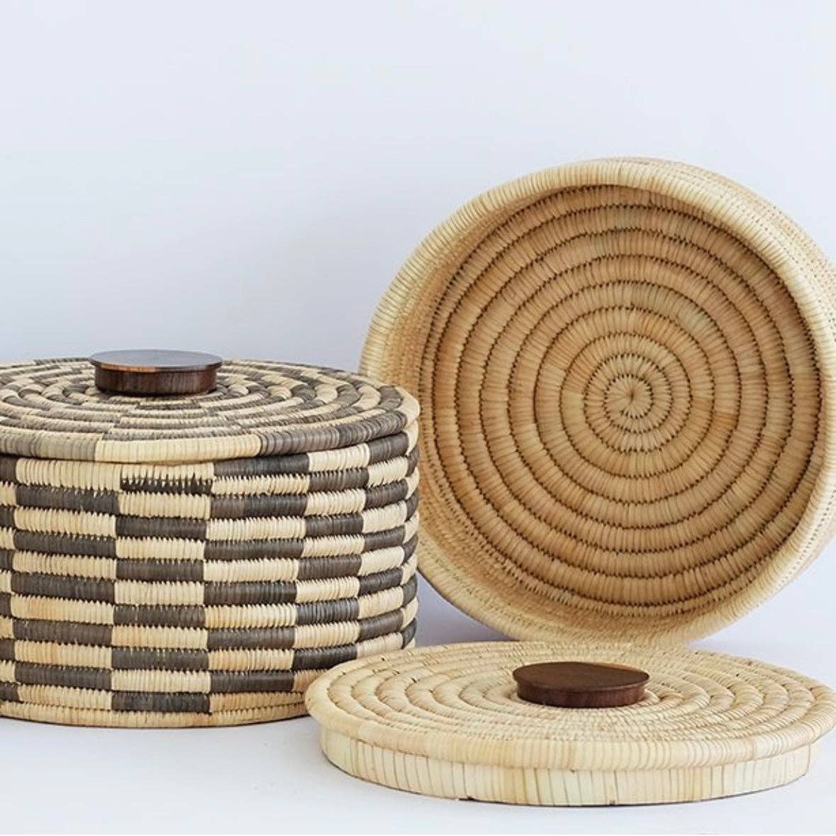 Classic Cylinder Storage Woven Basket With Lid: Sunga Lidded Tray Baskets - Natural: Large: D:12" x H: 6"