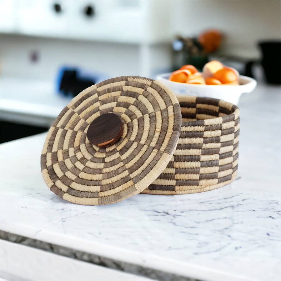 Classic Cylinder Storage Woven Basket With Lid: Sunga Lidded Tray Baskets - Brown: Large: D:12" x H: 6"