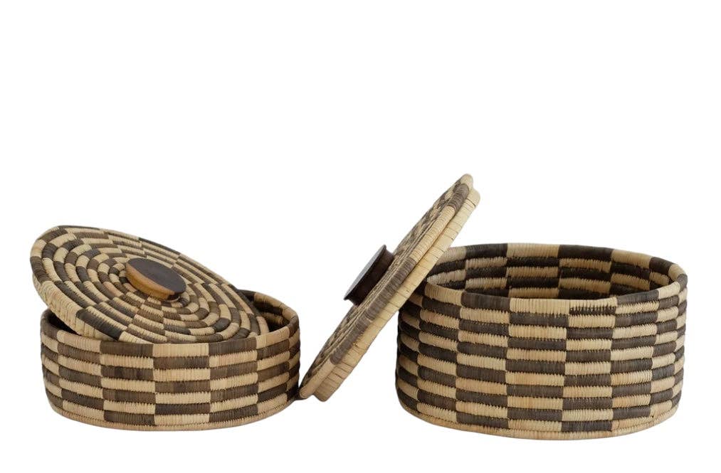 Classic Cylinder Storage Woven Basket With Lid: Sunga Lidded Tray Baskets - Brown: Large: D:12" x H: 6"