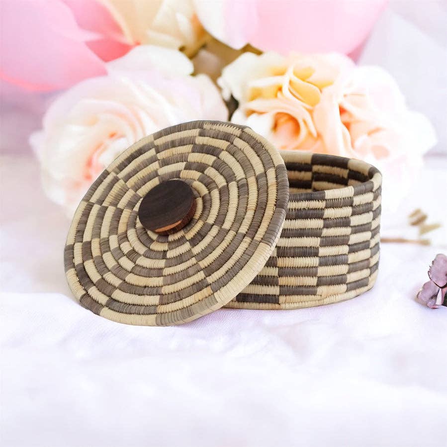Classic Cylinder Storage Woven Basket With Lid: Sunga Lidded Tray Baskets - Brown: Large: D:12" x H: 6"