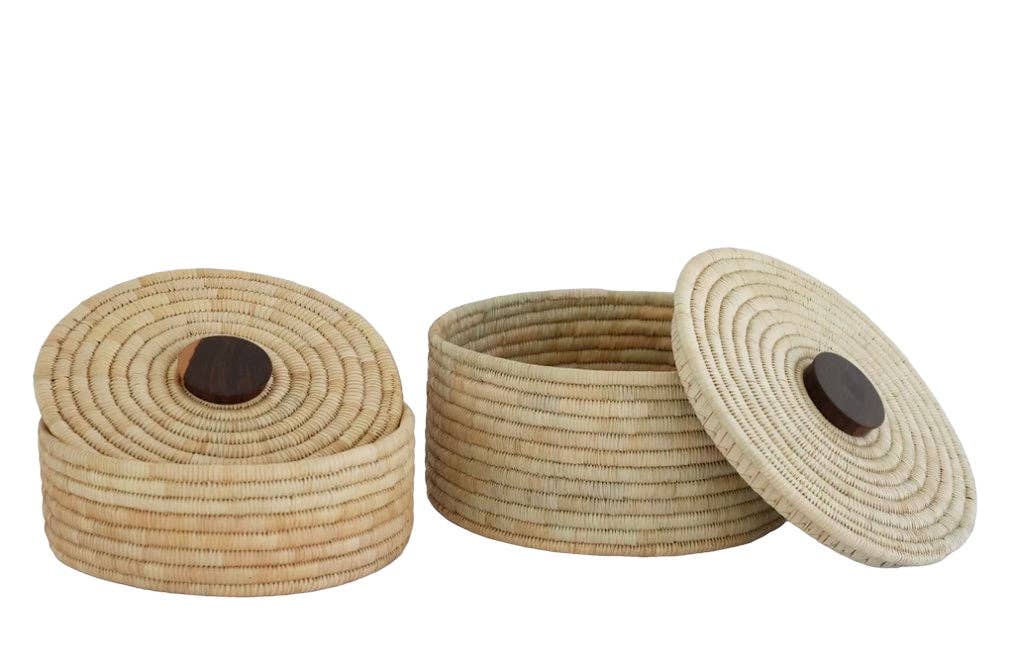 Classic Cylinder Storage Woven Basket With Lid: Sunga Lidded Tray Baskets - Natural: Large: D:12" x H: 6"
