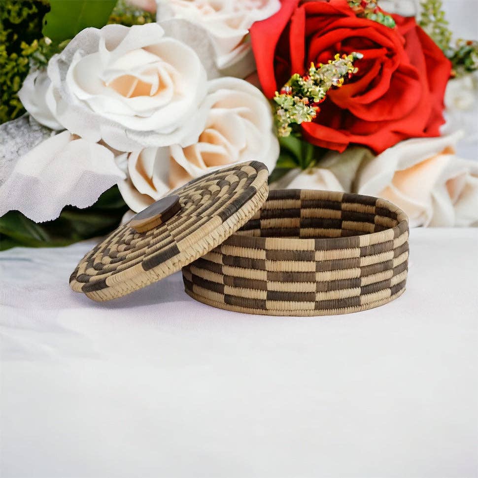 Classic Cylinder Storage Woven Basket With Lid: Sunga Lidded Tray Baskets - Brown: Large: D:12" x H: 6"