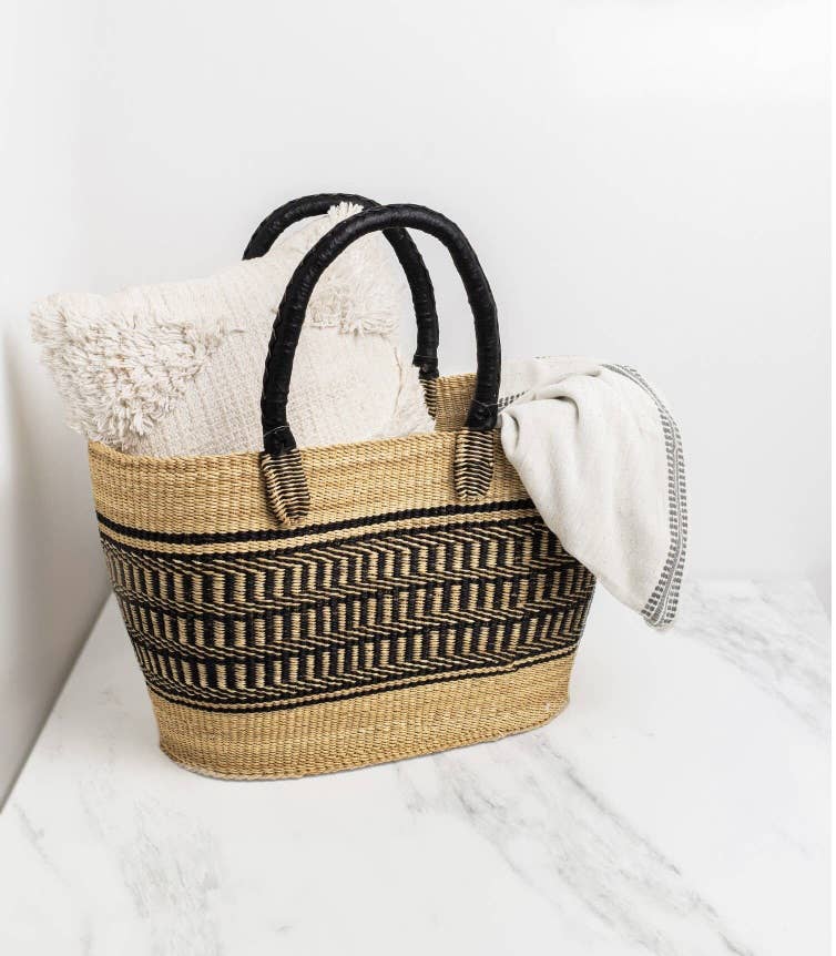 Vea Heavy Duty African Basket - Ghana Bolga - Shopping Natur: Leather Handles / Large W: 13" x 10" Tall