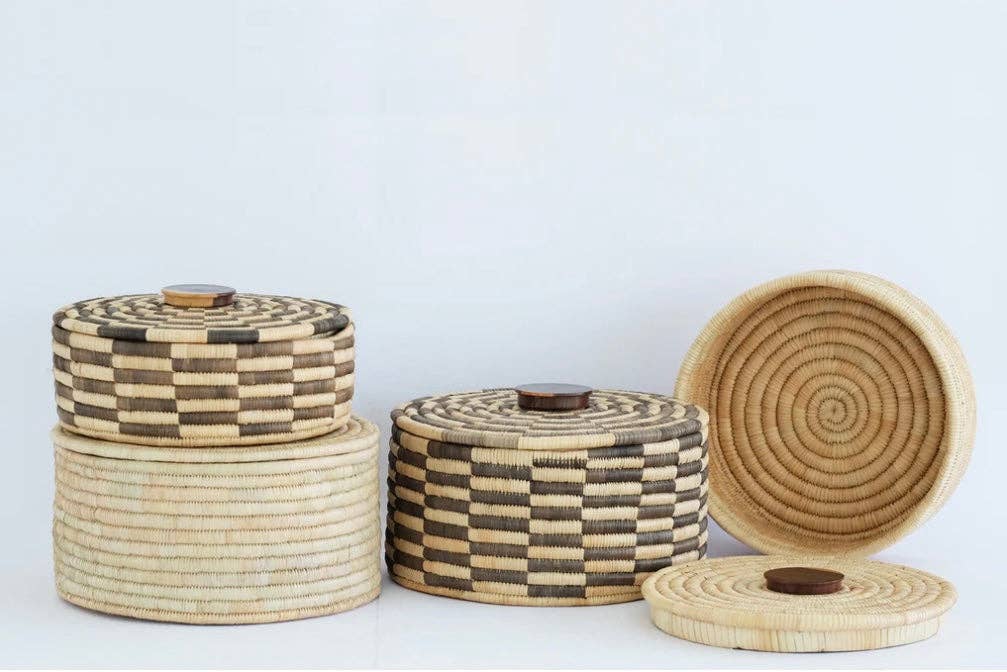 Classic Cylinder Storage Woven Basket With Lid: Sunga Lidded Tray Baskets - Brown: Large: D:12" x H: 6"