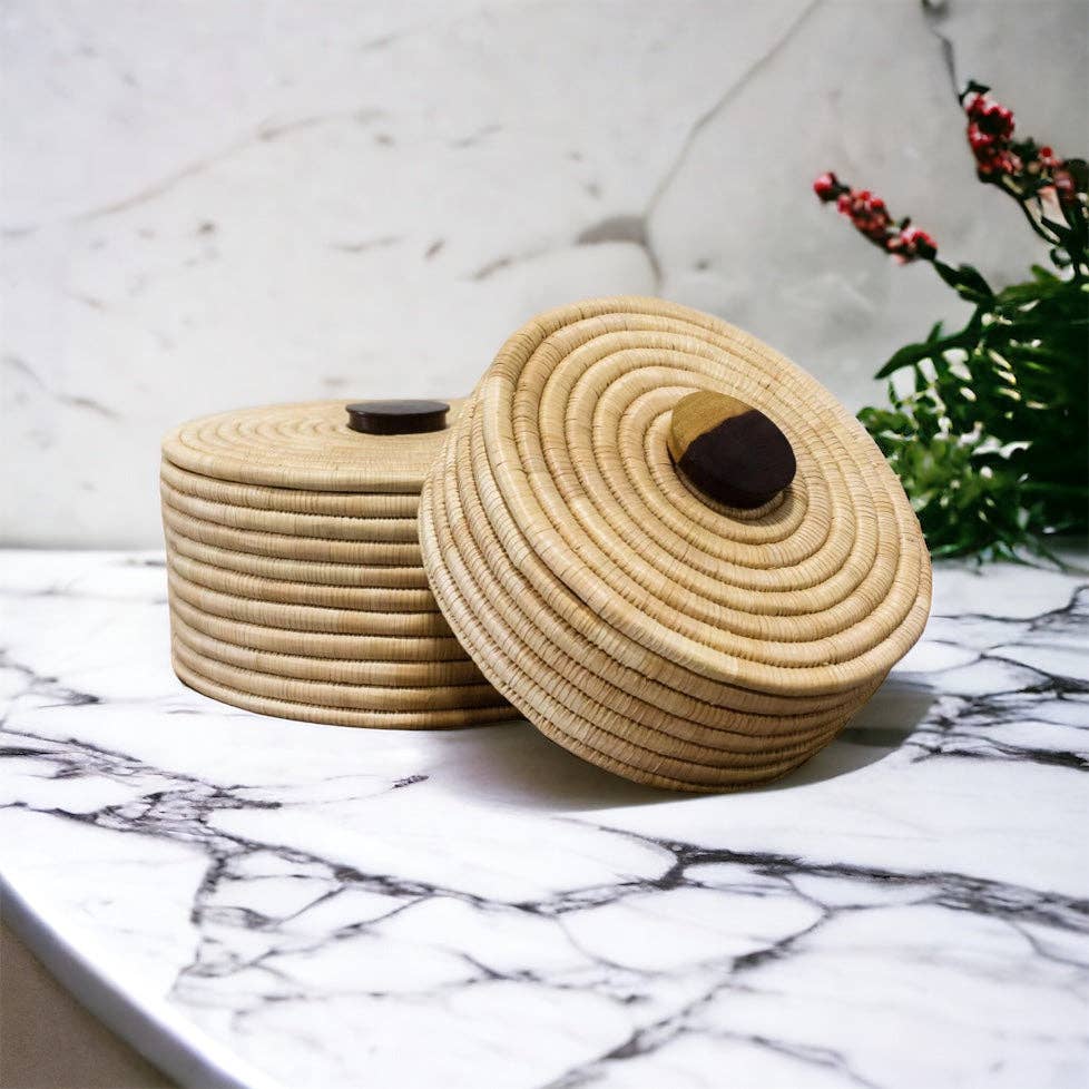 Classic Cylinder Storage Woven Basket With Lid: Sunga Lidded Tray Baskets - Natural: Large: D:12" x H: 6"